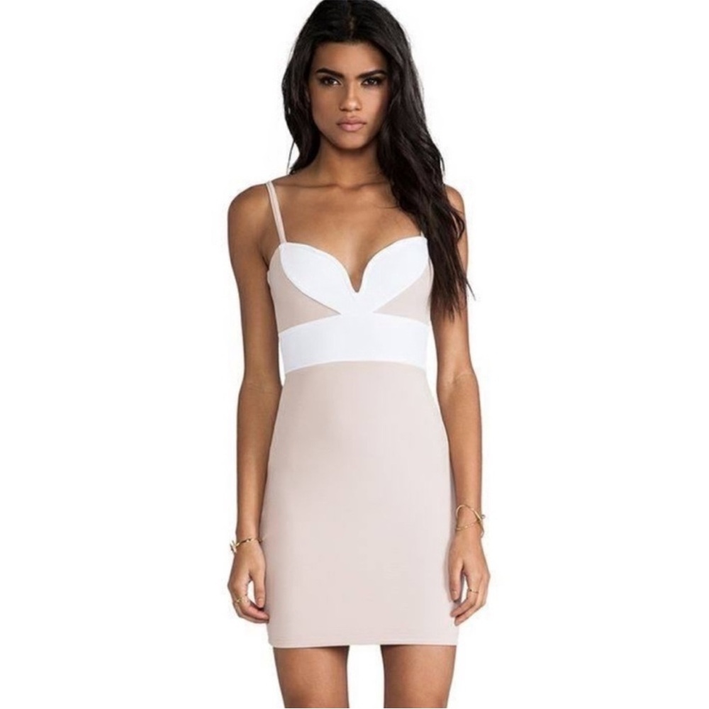 Nookie Bonita Bodycon Colorblock Mini Dress Tan White Sweetheart Size 2